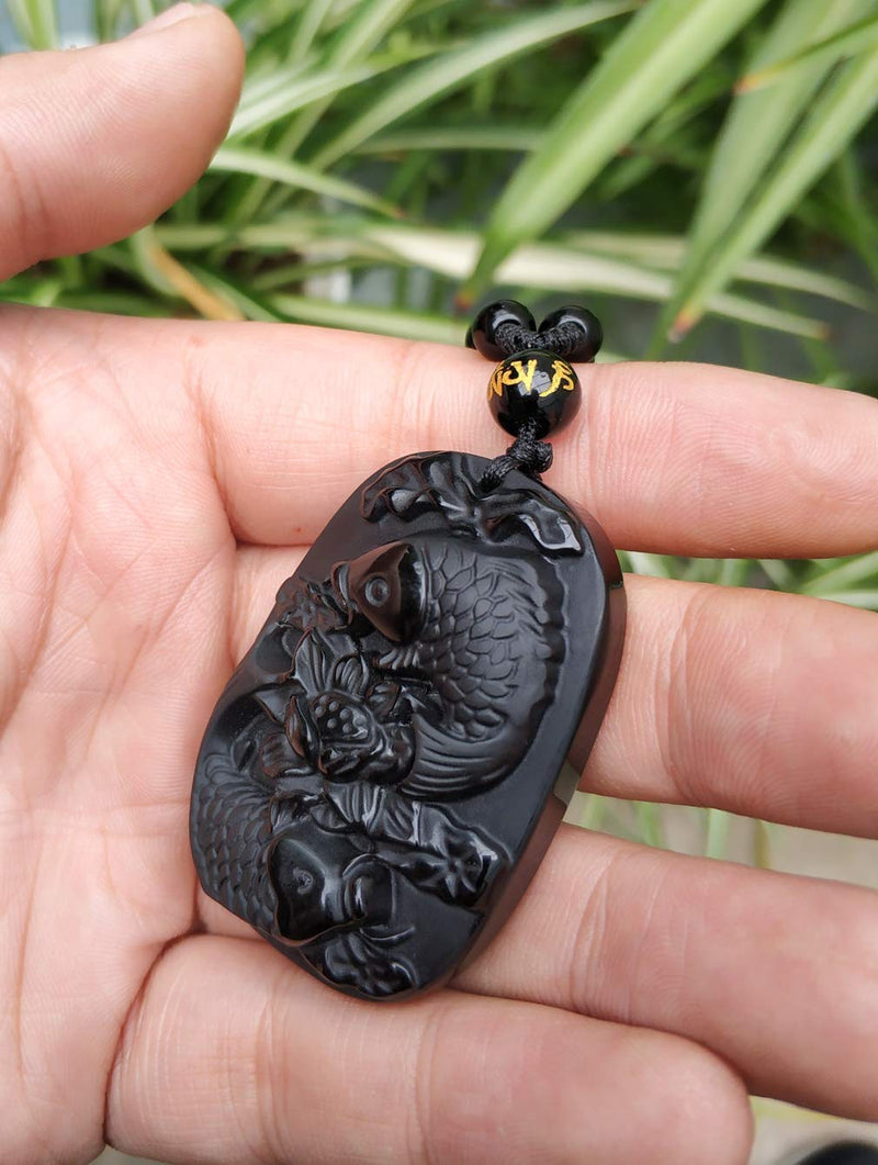 [Australia] - Handmade natural obsidian auspicious wealthy mother elephant jade pendant necklace fish 