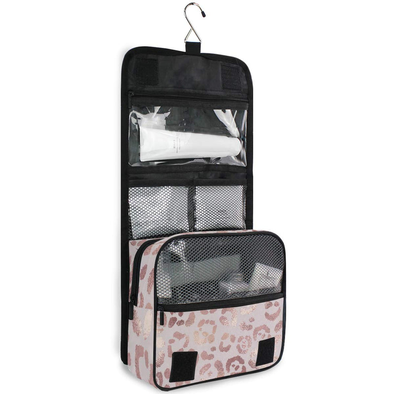[Australia] - ALAZA Rose Gold Leopard Print Pink Travel Toiletry Bag Hanging Multifunction Cosmetic Case Portable Makeup Pouch Organizer with Hook 