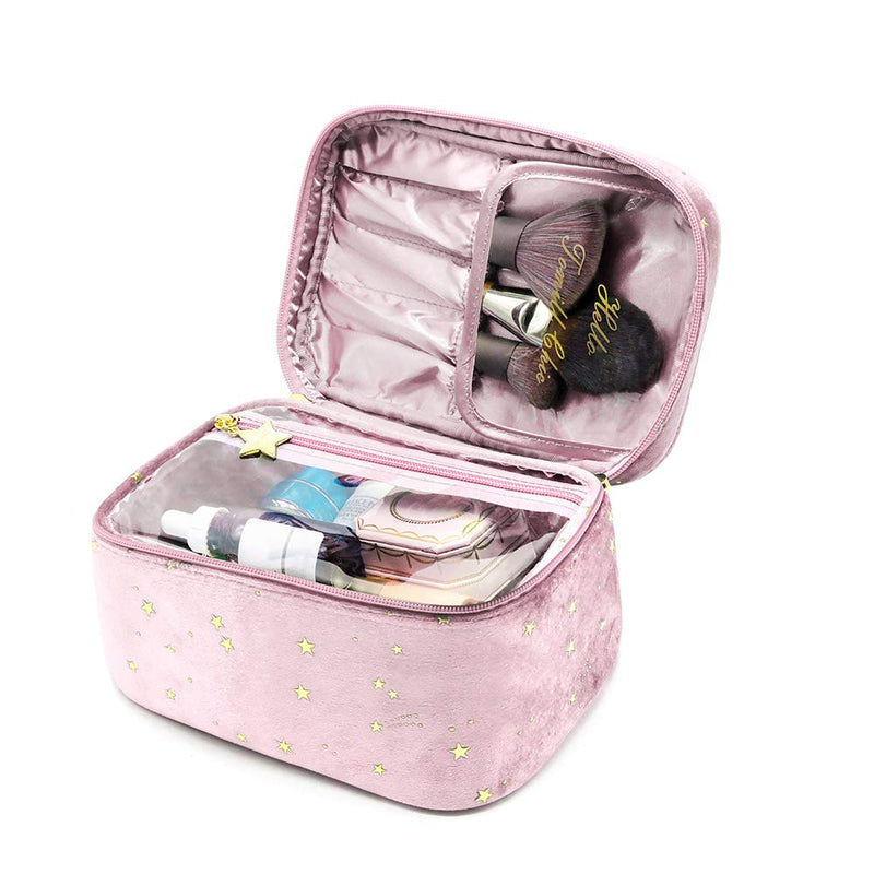 [Australia] - Velvet Embroidered Applique Stars Makeup Train Case Cosmetic Beauty Bag With PVC Plastic Organizer Clear, See-Through Makeup Bag (PINK)… Pink 