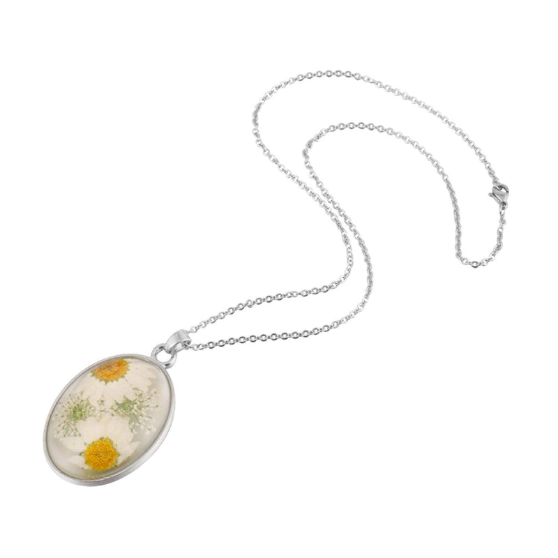 [Australia] - FM FM42 Multicolor Daisy Pressed Flowers Queen Anne's Lace Transparent Oval Pendant Necklace (4 Colors) White 