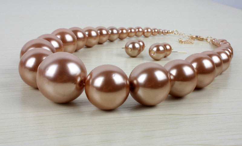 [Australia] - HSQYJ Simple Large Big Simulated Pearl Statement Necklace Earring Set Faux Big Pearl Choker Drop Dangle Hook Earring Fashion Costume Jewelry for Girl Women Lady Brown 