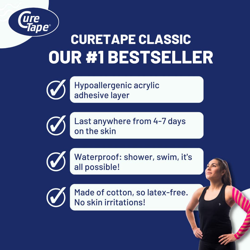 [Australia] - CureTape Classic 5cm | Waterproof Kinesiology Tape | Medical Kinesiology Tape | Increase Mobility & Performance | Reduce Joint Pain | Recover Faster | Pink 