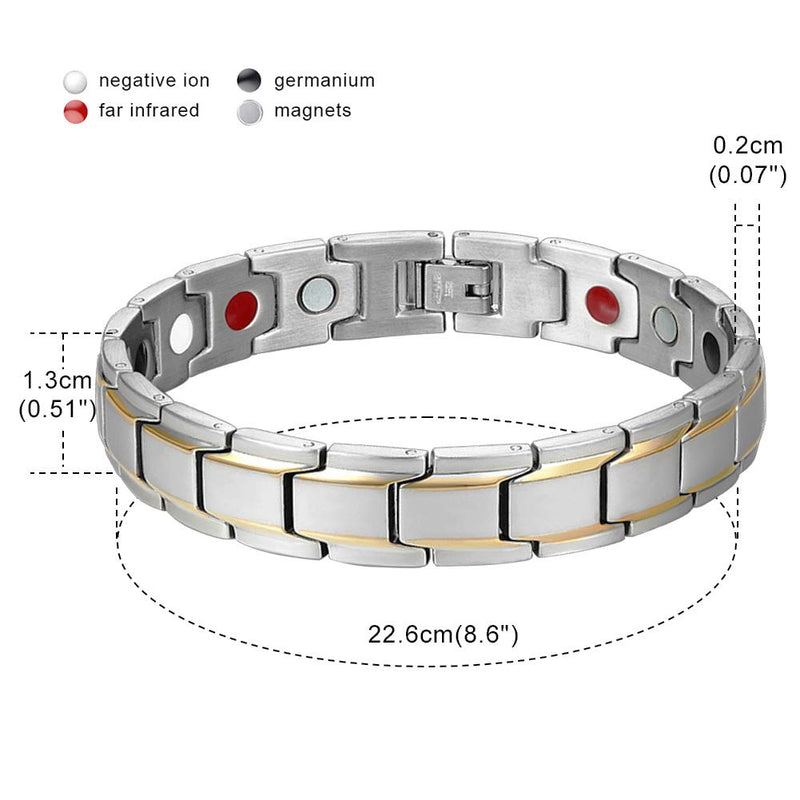 [Australia] - JFUME Magnetic Mens Bracelets 18K Plated Gold Silver Stainless Steel Link Bracelet for Men 8.5" Adjustable with Link Removal Tool Silver with Gold 