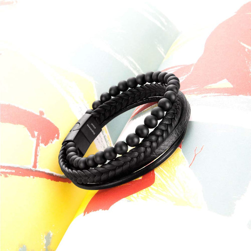 [Australia] - Speroto New Mens Bracelet Bead and Leather Braided, Lava and Onyx Bead Leather Bracelet for Men Black 7.5 Inches 