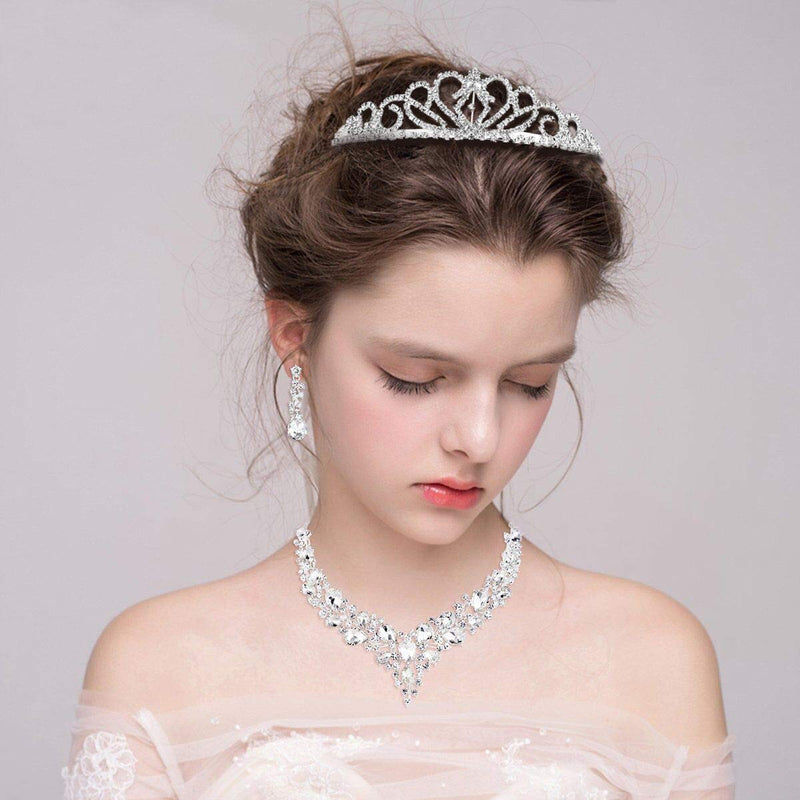 [Australia] - Paxuan Silver Wedding Bridal Prom Crystal Rhinestone Necklace Earrings Bracelet Tiaras Crown Jewelry Sets for Bride Bridesmaid Wedding Dress White-Necklace + Earrings + Bracelet + Tiaras 