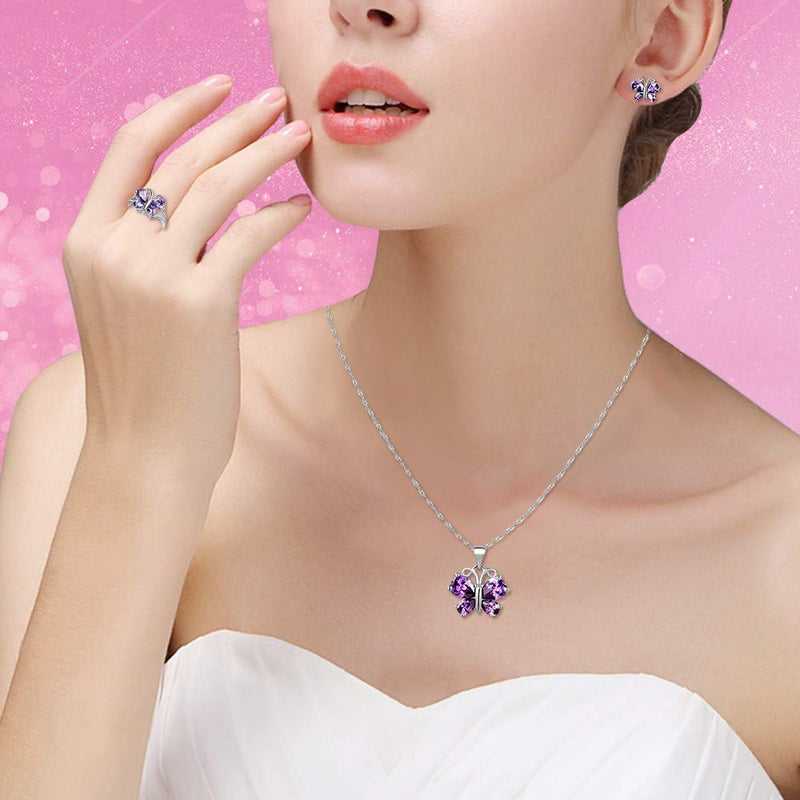 [Australia] - Uloveido Platinum Rose Gold Plated Purple White Crystal Cubic Zirconia Cute Charm Butterfly Pendant Necklace Earrings and Ring Jewelry Set for Girls Women Platinum Plated-Purple 6 