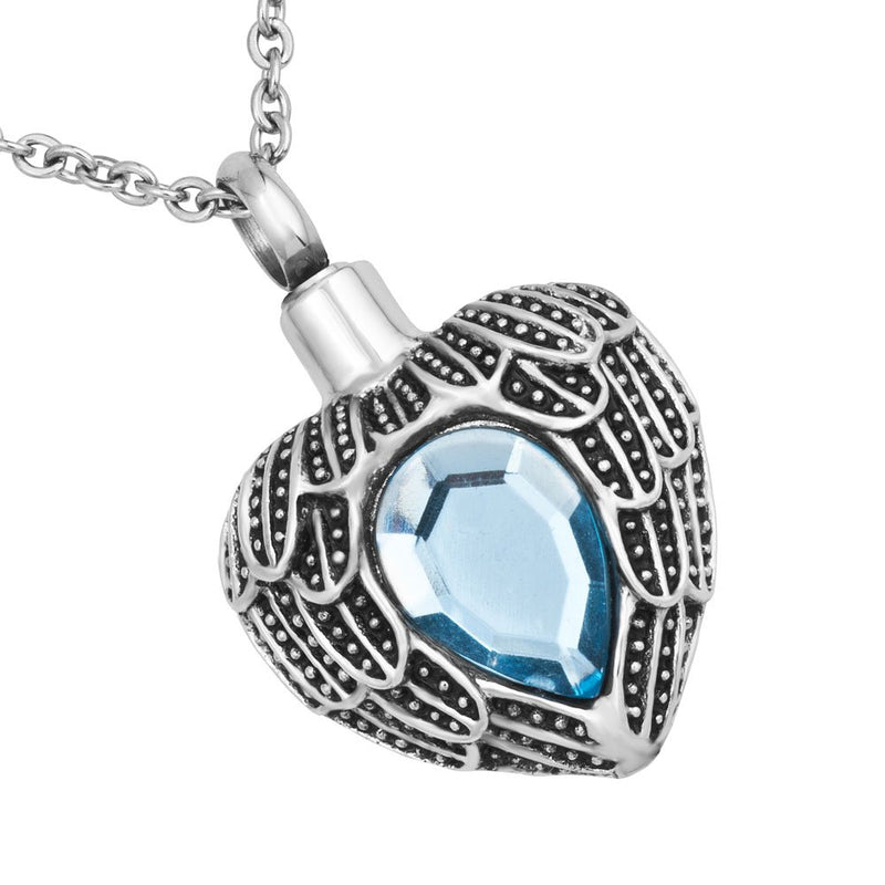 [Australia] - Charmed Craft Heart Angel Wing Blue Birthstone Cremation Necklace URNs for Ashes Memorial Pendant Stainless Steel 