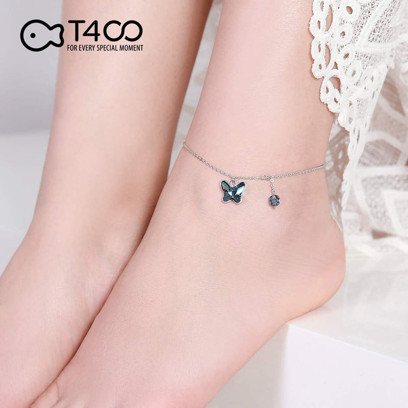 [Australia] - T400 925 Sterling Silver Blue Pink Butterfly Crystal Anklet Foot Chain Birthday Gift for Girls Women 