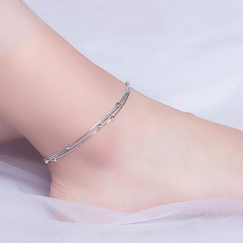 [Australia] - Minimalist Satellite Chain Anklet 925 Sterling Silver Triple Layered Chain Ball Beads Beach Foot Ankle Bracelet for Women Girls 