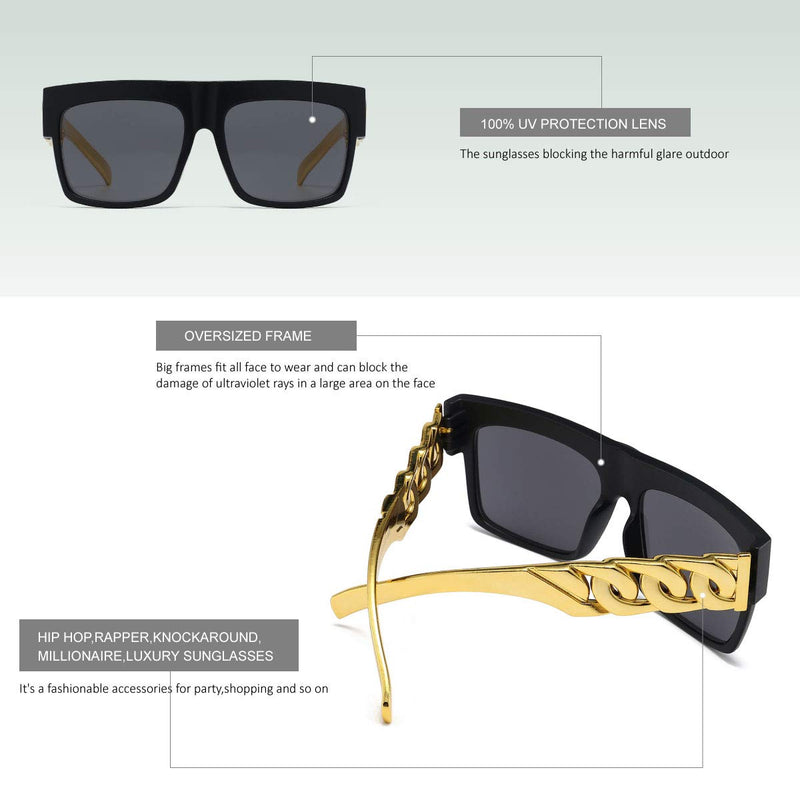 [Australia] - Golden Chain Arm Square Oversized Sunglasses Women Men Hip Hop Luxury Sunglasses Black 