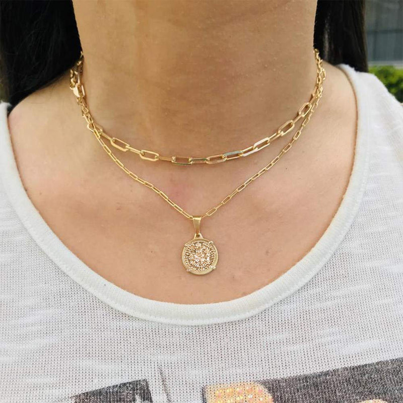 [Australia] - IEFSHINY Gold Layered Chain Necklaces for Women, 14K Gold Plated Butterfly Bar Coin Pendant Necklace Herringbone Paperclip Chain Link Choker Layering Necklaces Set for Women Teen Girl Jewelry Gifts "2 Layer-Oval Link&Medallion 