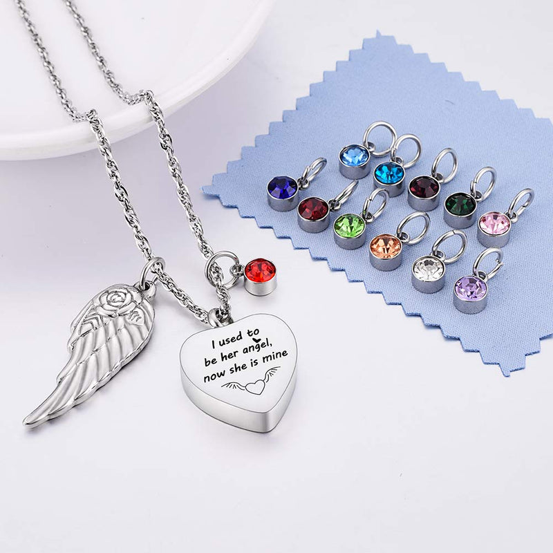 [Australia] - Dletay Heart Cremation Necklace for Ashes Angel Wing Urn Necklace with 12 PCS Birthstones-I Used to be His Angel, Now He/She is Mine I used to be her Angel 