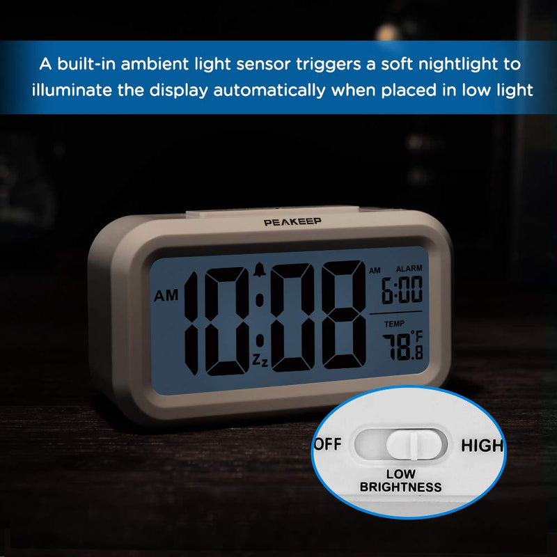 [Australia] - PEAKEEP Smart Night Light Digital Alarm Clock with Indoor Temperature, Battery Operated Desk Small Clock (White) White 