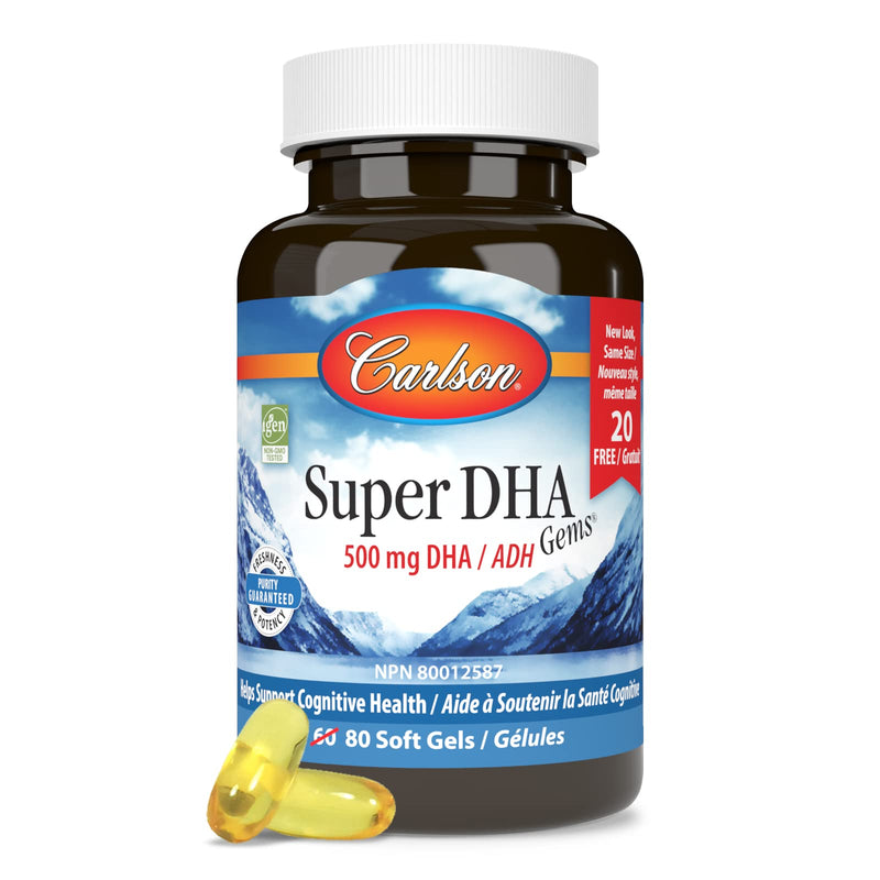 [Australia] - Carlson - Super DHA Gems, 500 mg DHA Supplements, 640 mg Fatty Acids, Wild-Caught Norwegian Arctic Fish Oil Concentrate, Sustainably Sourced Nordic Fish Oil Capsules, 60+20 Softgels 60 + 20 Soft Gels 