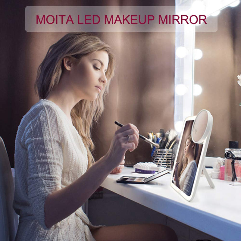 [Australia] - MOITA Makeup Mirror with Lights, Tricolor Lighted Mirror (White, Yellow, Natural Light), 180° Rotation Touch Screen Vanity Mirror, Detachable 10x Magnification Mirror, Dimmable LED Light Up Mirror 