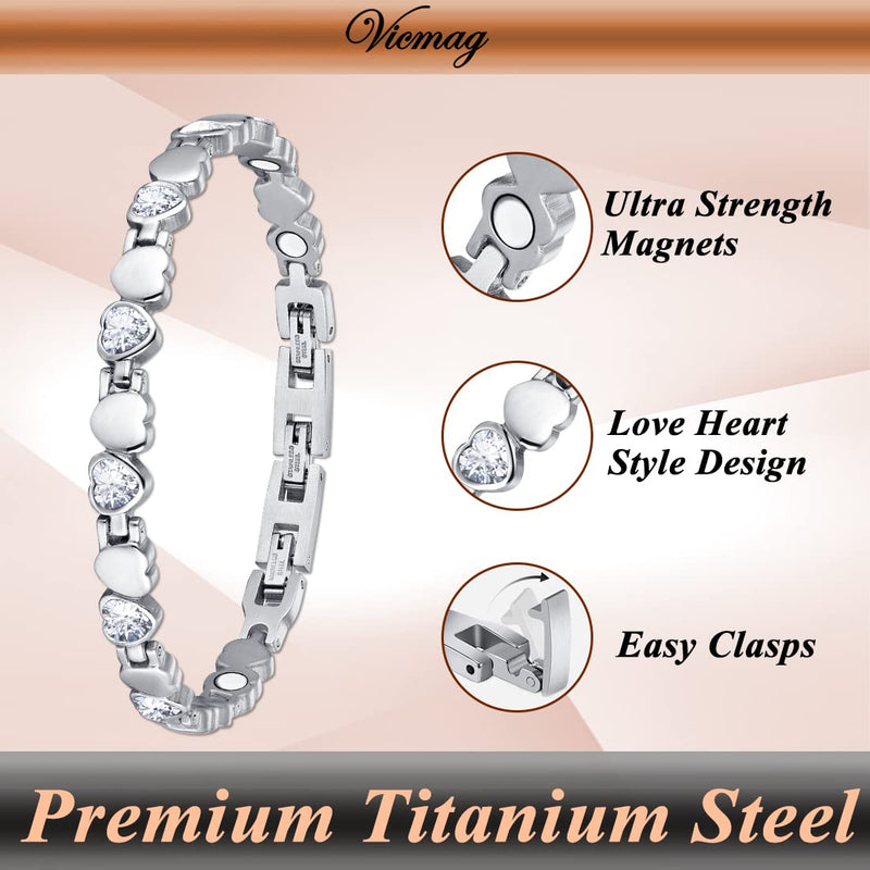 [Australia] - Vicmag Magnetic Bracelets for Women Titanium Steel Brazaletes Ultra Strength Magnetic Adjustable with Removal Tool and Gift Box (Silver Love Heart) Silver Love Heart 