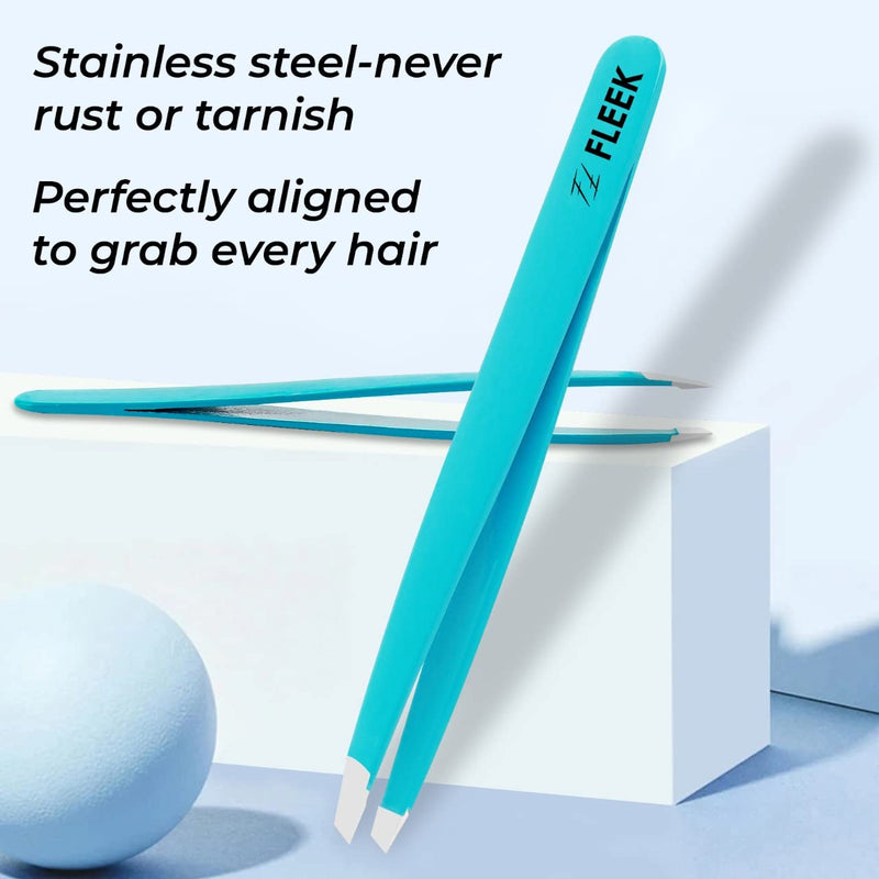[Australia] - Fleek Eyebrow Tweezers Professional Best Stainless Steel Precision Tweezers Slanted Tweezers for Facial Hair Women & Men (Greenish Blue) Greenish Blue 