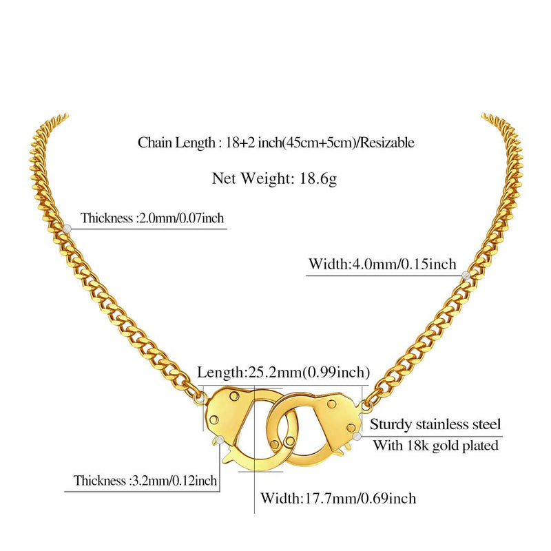 [Australia] - FindChic Handcuff Necklace Padlock Pendant Customized Handcuff Bracelet Partners in Crime Stainless Steel 18K Gold Plated Curb Chain Interlocking 18inch Friendship Statement Necklace for Girls & Women 01. necklace & gold plated not customized 