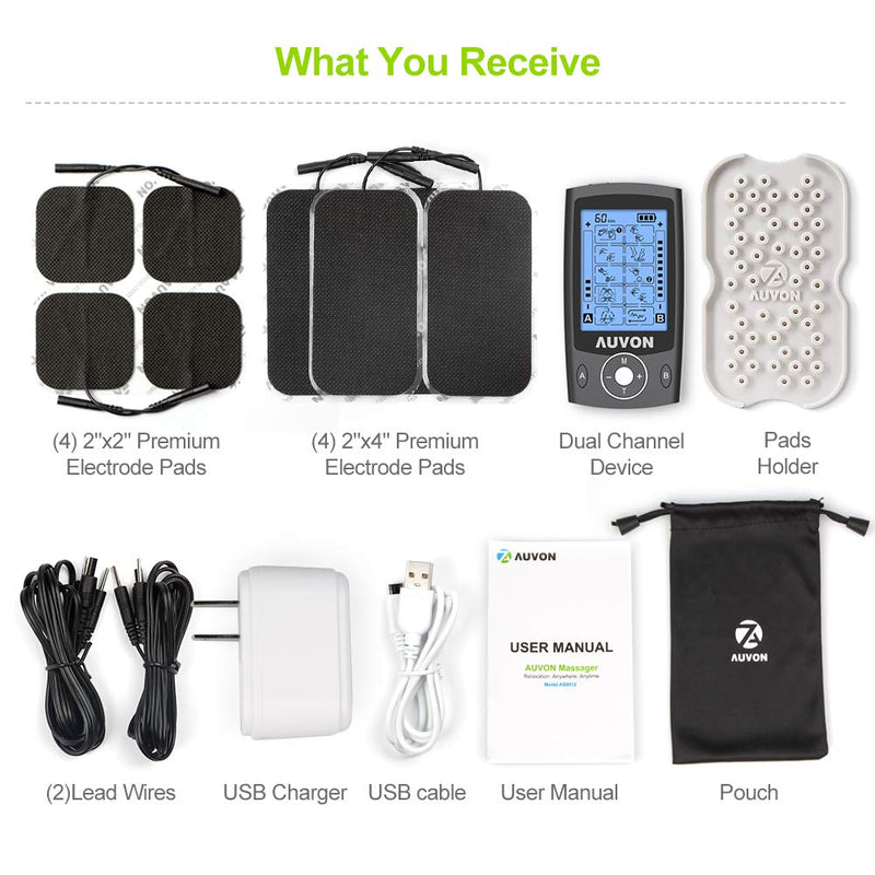 [Australia] - AUVON Dual Channel TENS Unit Muscle Stimulator with 20 Modes, Rechargeable TENS Machine for Back/Neck/Lower Back/Leg/Muscle Pain Relief, with 4pcs 2" and 4pcs 2"x4" Electrode Pads (Black) 