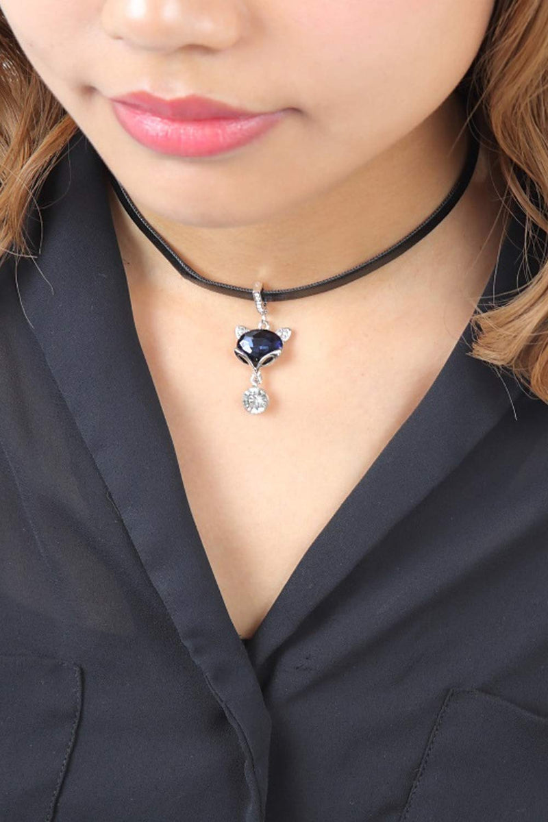 [Australia] - EMONJAY Black Leather Rope Choker Necklace Blue Fox Clavicle Chain Classic Lucky Animal Pendant 
