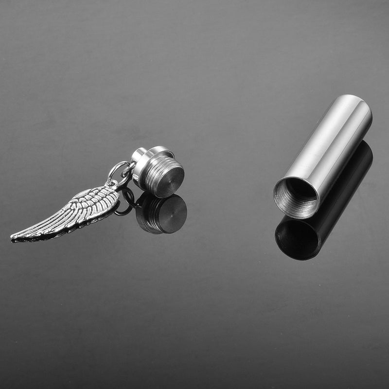 [Australia] - HooAMI Angel Wing Charm & Cylinder Memorial Urn Necklace Stainless Steel Cremation Jewelry 1-48mm Silver 