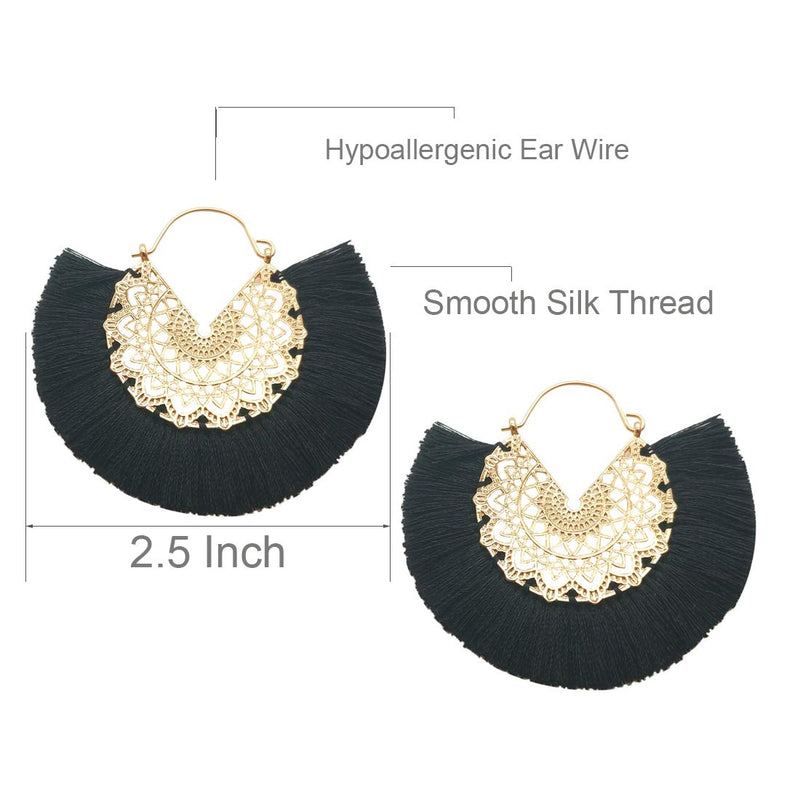 [Australia] - Tassel Hoop Earring, Statement Thread Dangle Earrings Stylish Long Fringe Drop Earrings Lightweight Long Swingy French Hook Earrings for Women Girls 0 Black 