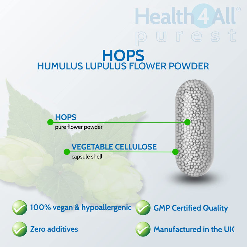 [Australia] - Hops 400mg 60 Capsules (V) .(not Tablets) Purest: no additives. Vegan Capsules for Anxiety, Stress and Sleep. Made in The UK by Health4All 60 Count (Pack of 1) 