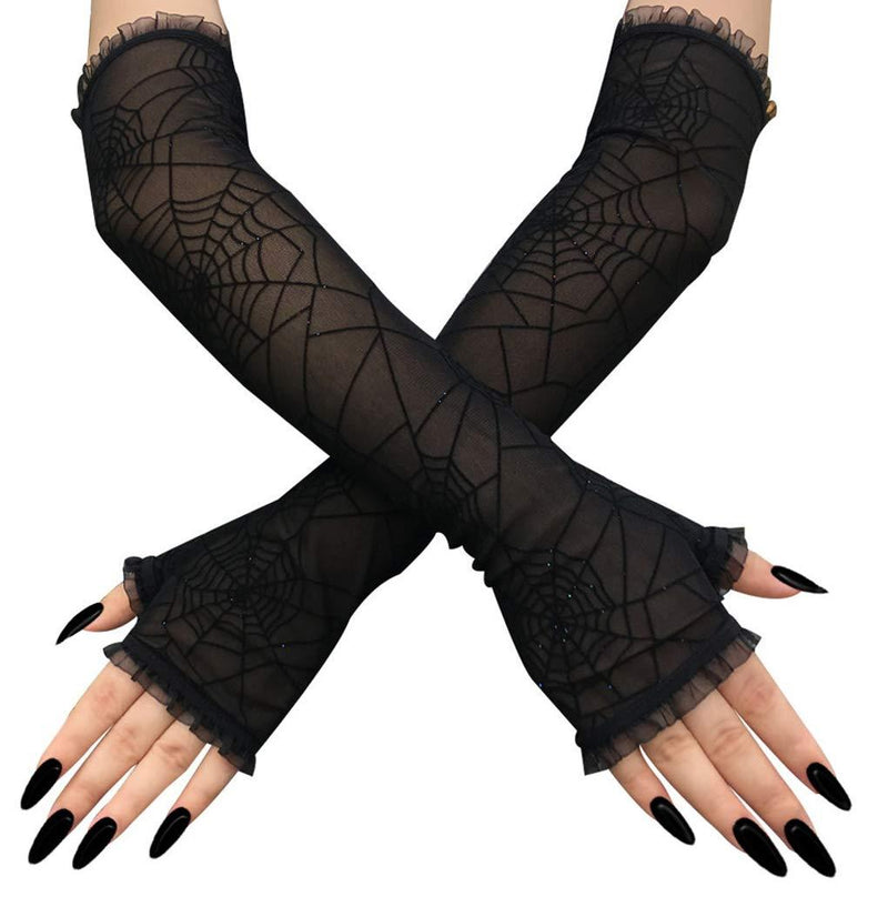[Australia] - Spider Wed Halloween Black Long Fingerless Gloves Women Costume Accesorry 