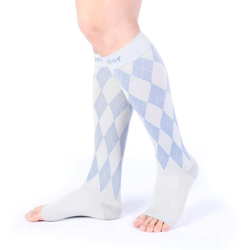 [Australia] - Doc Miller Open Toe Compression Socks Women 20-30mmHg, 1 Pair Toeless Socks for Women and Men - Argyle Design Large Gray.blue Open Toe 
