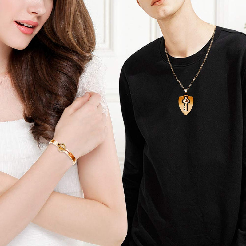 [Australia] - Uloveido Shield Key Pendant Necklace and Lock Bracelet for Girls Boys Couple Necklace Bracelet Set for Men and Women Anniversary Birthday Gift, You Hold the Key to My Heart Y473/Y474 100 Languages Love-Rose Gold 