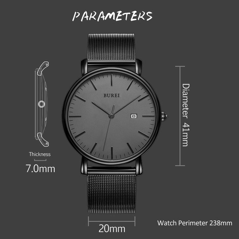 [Australia] - BUREI Men's Fashion Minimalist Wrist Watch Analog Date with Stainless Steel Mesh Band Black 