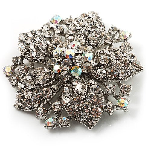 [Australia] - Victorian Corsage Flower Brooch (Silver & Clear Crystals) 