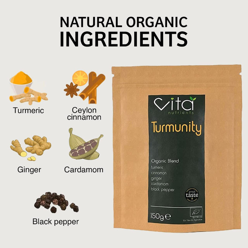 [Australia] - Turmunity Superfood Powder Blend 150g - Premium Organic Food - Vegan & Gluten Free - Rich Ayurveda, Turmeric, Black Pepper and More Formula - Ideal Latte Mix - Made in The UK 