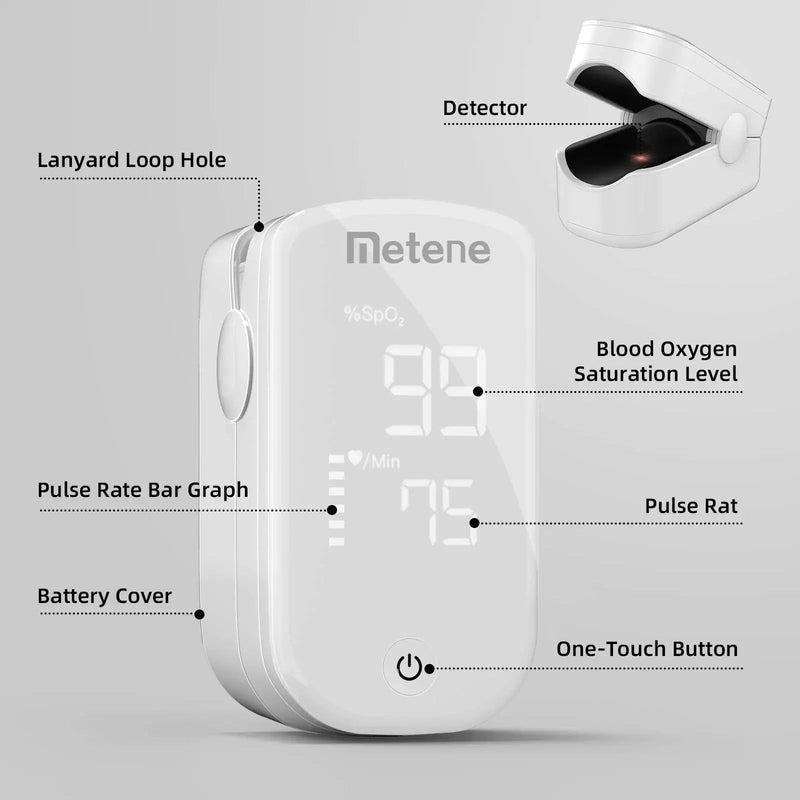 [Australia] - Metene Pulse Oximeter Fingertip, Blood Oxygen Saturation Monitor with Accurate Fast Spo2 Reading Oxygen Meter, Oxygen Monitor with Lanyard and Batteries (White) 