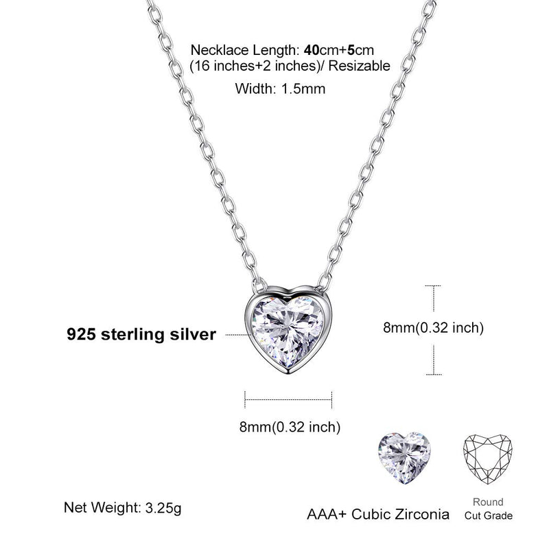 [Australia] - 925 Sterling Silver Heart/Bead Charm, Cubic Zirconia/Rainbow Topaz Dainty Love Heart Necklace with 16"+2" Adjustable Cable Chain, Gifts for Women Girls White Stone Heart-Silver not custom 