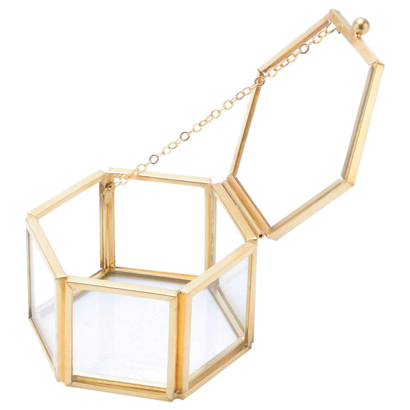[Australia] - HighFree Copper Glass Vintage Ring Box, Hexagon Golden Geometric Jewelry Organizer, Bracelet Ring Display Small Box for Storage Trinket, Ring, Earring, 3.15x2.7x1.85 inch Small - 3.15x2.7x1.85 inch 