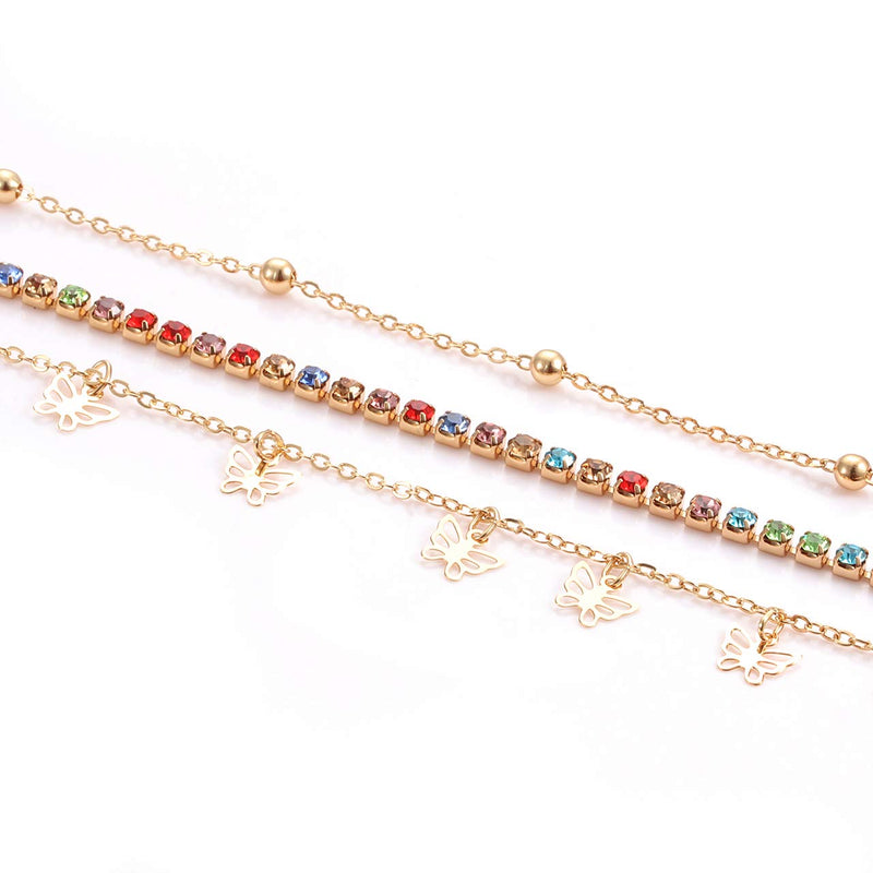 [Australia] - CEALXHENY Anklets for Women Cute Charms Butterfly Ankle Bracelets Colorful Rhinestone Anklets Bohemia Layering Chain Anklets for Girls Summer Beach Foot Jewelry Set Gold 