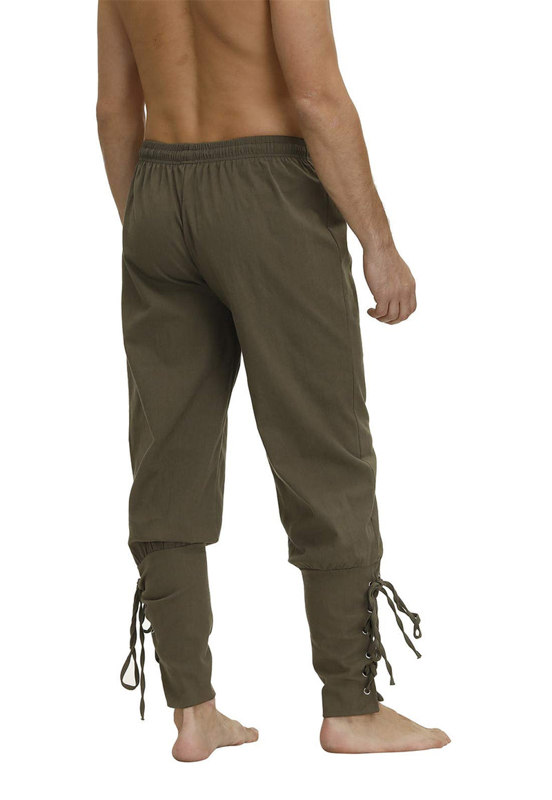 [Australia] - Men's Ankle Banded Cuff Renaissance Pants Medieval Viking Navigator Trousers Pirate Cosplay Costume with Drawstrings Small Men-amy Green 