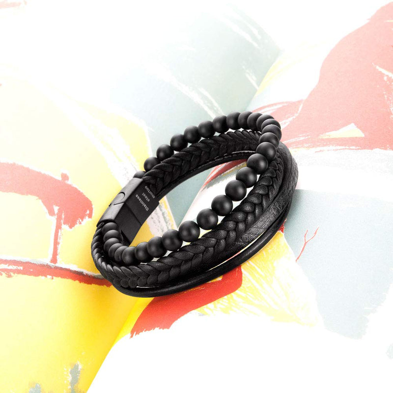 [Australia] - murtoo Mens Bead Leather Bracelet, Natural Bead, Steel and Leather Bracelet for Men black 