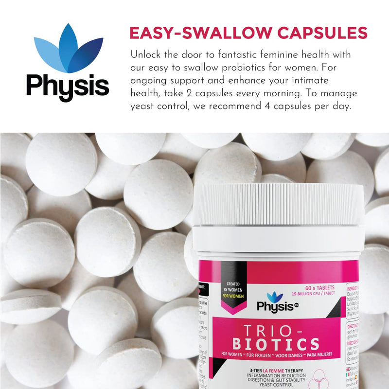[Australia] - PHYSIS Oral Probiotics for Women | 60 Tablets | Thrush, Cystitis, UTI & Bacterial Vaginosis Treatment | Probiotics for Women Gut Health | 3in1 Healthy Gut Flora, Reduces Bloating & Yeast Control 60 Count (Pack of 1) 