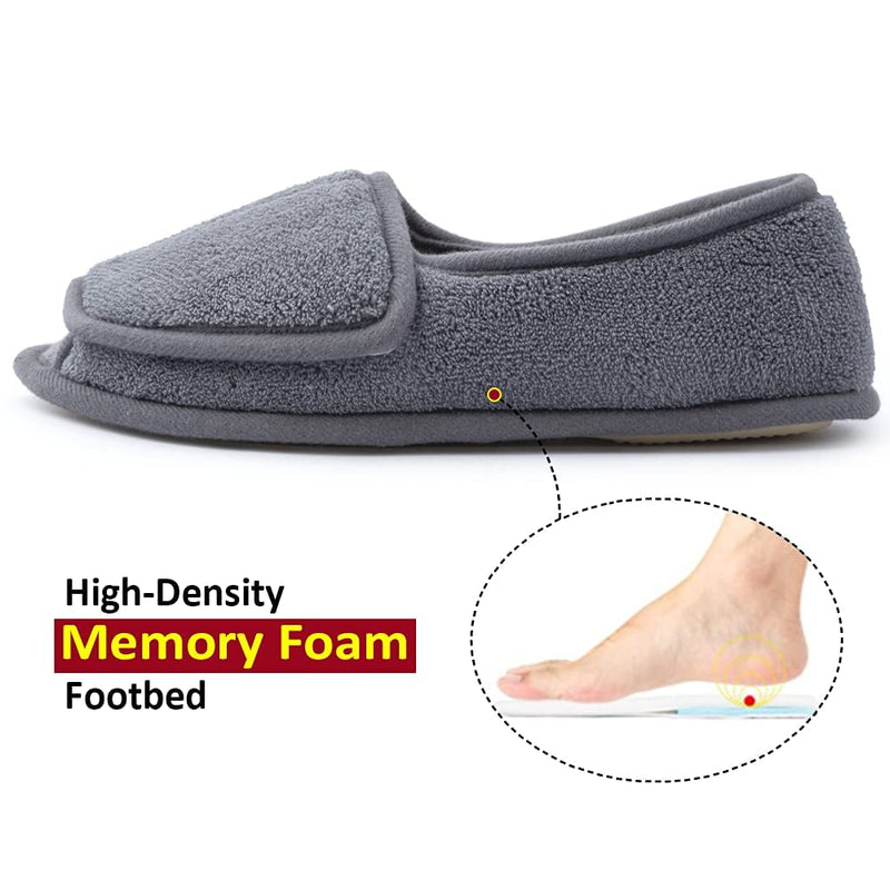 [Australia] - Women’s Diabetic Memory Foam Wide Fit Slippers Open Toe Adjustable Slip-on House shoes Indoor and Outdoor Rubber Sole 7 UK Grey 