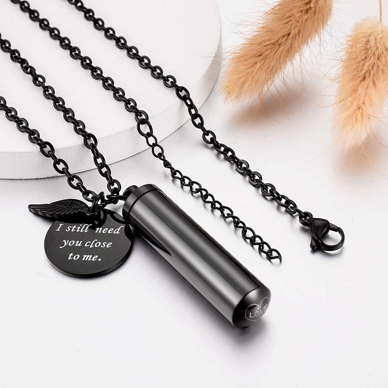 [Australia] - abooxiu Cylinder Urn Necklace for Ashes Cremation Jewelry/Keychain for Human Pet Stainless Steel Memorial Keepsake Pendant with Angel Wing Charm Ashes Jewelry Black L non-engraving 