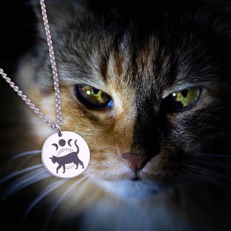 [Australia] - Moon Phase Witchcraft Black Cat Necklace Launar Phase Necklace silver necklace 
