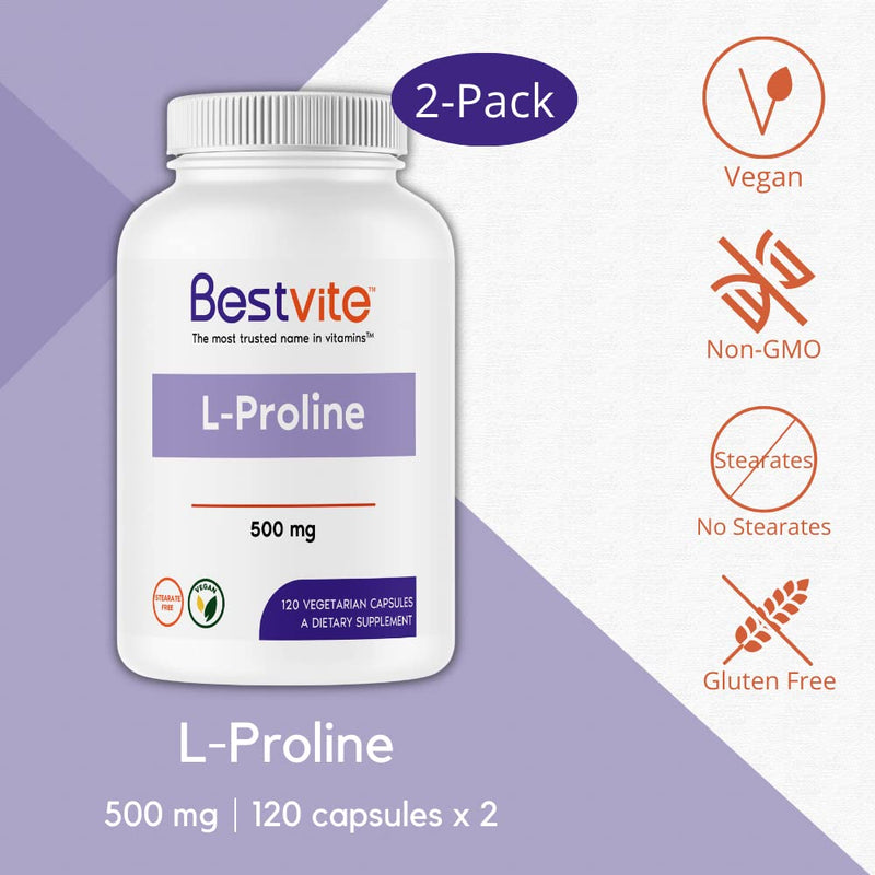 [Australia] - L-Proline 500mg (240 Vegetarian Capsules) (120 x 2) - No Stearates - No Fillers - Vegan - Gluten Free - Non GMO 2 Count (Pack of 1) 