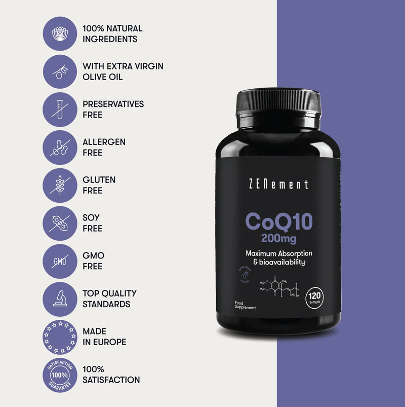 [Australia] - Zenement | Coenzyme Q10, 200mg | 120 Softgels, with Spanish Extra Virgin Olive Oil | 100% Natural CoQ10, Non-GMO, Gluten Free 