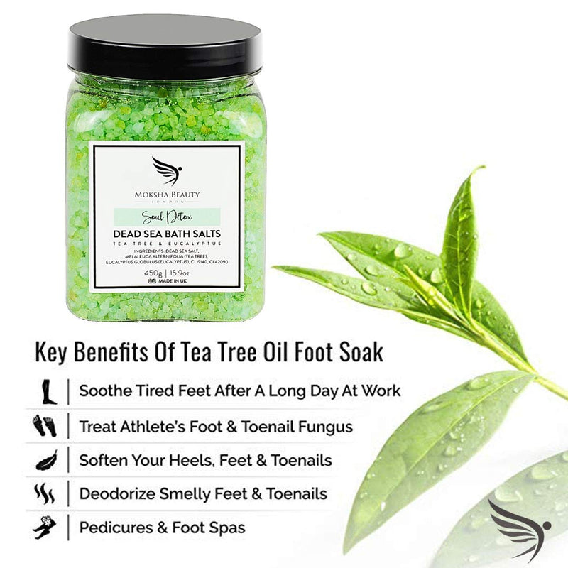 [Australia] - Tea Tree Foot Soak Aromatherapy Bath Salts - Made in UK (450g) Natural Dead Sea Salts for Women, Men, Girls and Kids. Luxury Detox with Tea Tree Essential Oils 