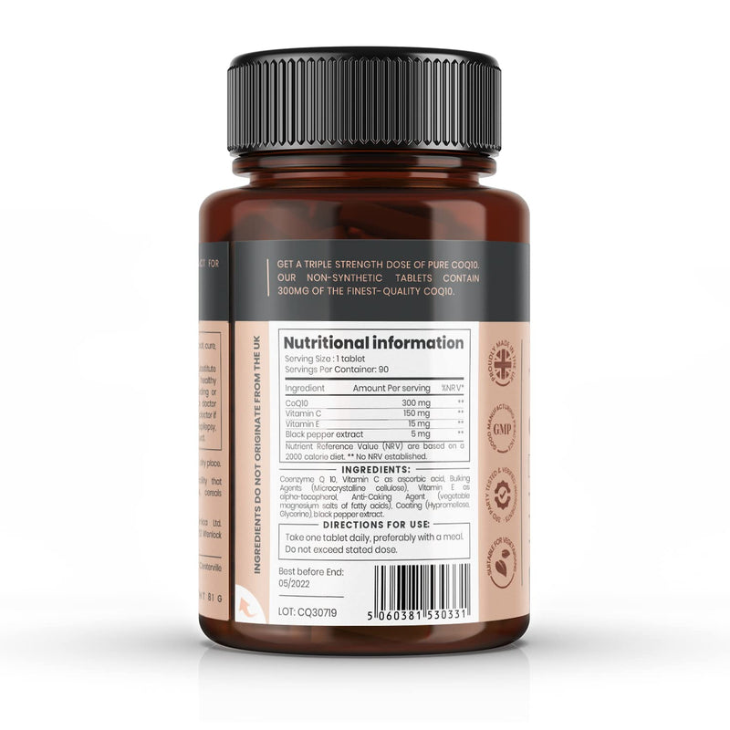 [Australia] - Fermented CoQ10 300mg x 90 Tablets. Non GMO, USP Grade. with Added Vitamin C and Black Pepper Extract for Absorption. 
