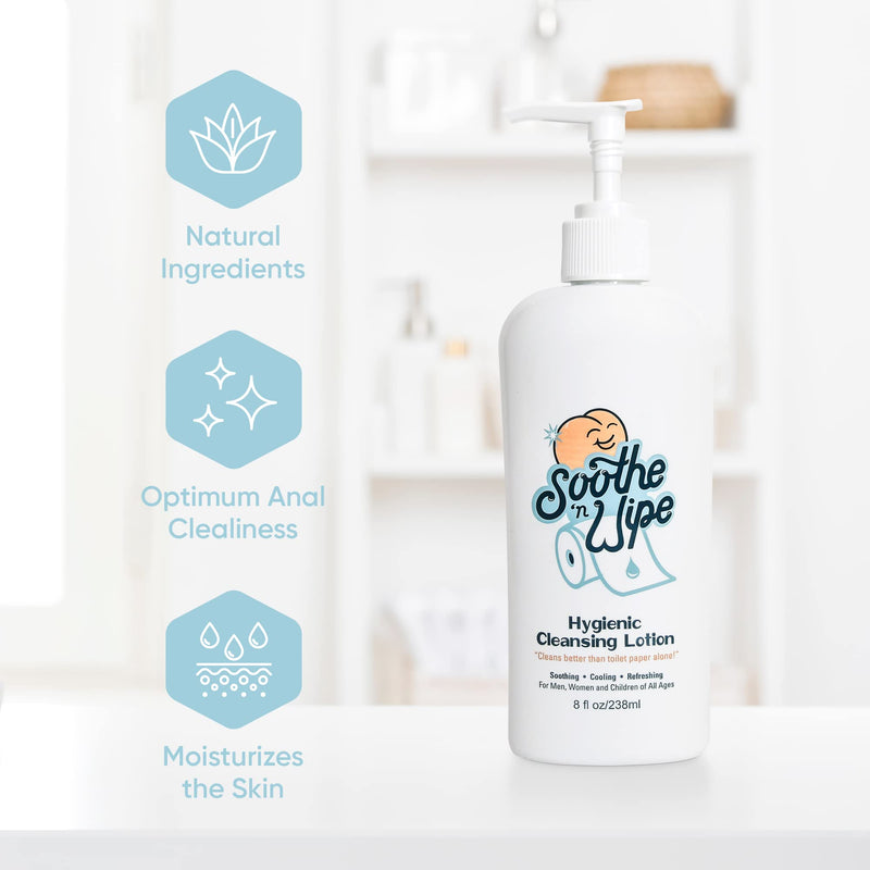 [Australia] - Soothe 'n Wipe 8 Oz Wipe Hygienic Cleansing Lotion, Flushable Wipe Alternative with Aloe & Moisturizers, Toilet Paper Moistener for Clean, Soft & Smooth Bum, Butt Cleaner, Sanitizing Lotion for Anus 8 Fl Oz (Pack of 1) 