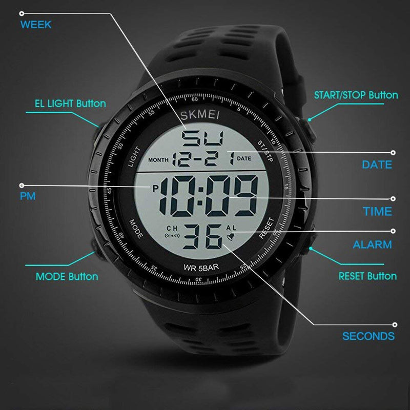 [Australia] - LYMFHCH Men's Digital Sports Watch LED Screen Large Face Military Watches for Men Waterproof Casual Luminous Stopwatch Alarm Simple Army Watch Black 