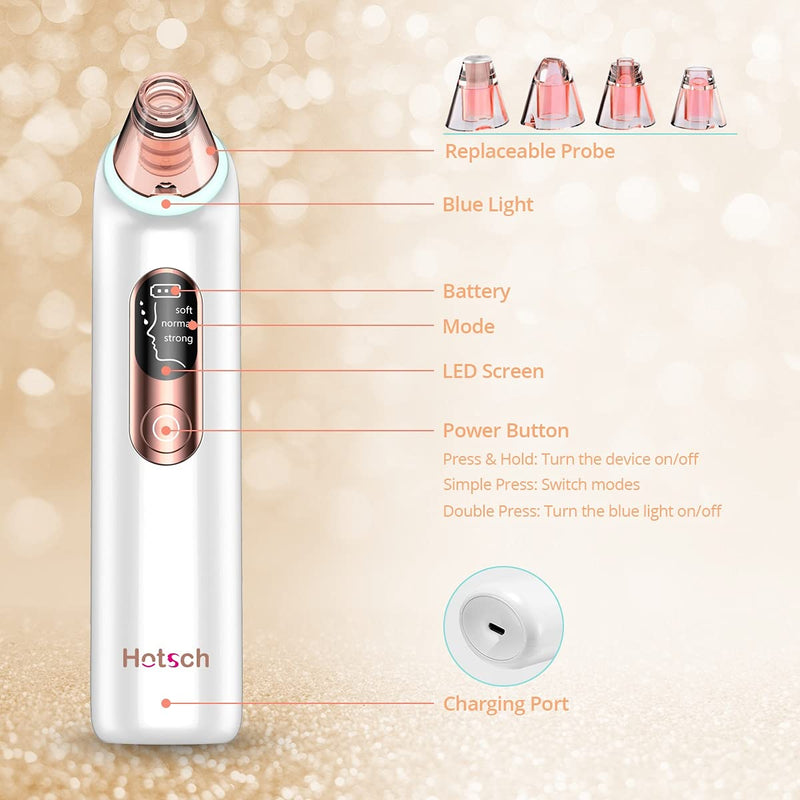 [Australia] - Blackhead Remover Pore Vacuum - Hotsch Blackhead Removal Tool, Pore Cleaner Acne Extractor Kit, LED Display USB Rechargeable with Upgraded Blue Light 4 Replaceable Suction Probes for Women & Men Gold 